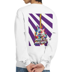 White men's sweatshirt back featuring colorful retro electric guitar graphic with purple stripes and "Made to Make Noise" text.