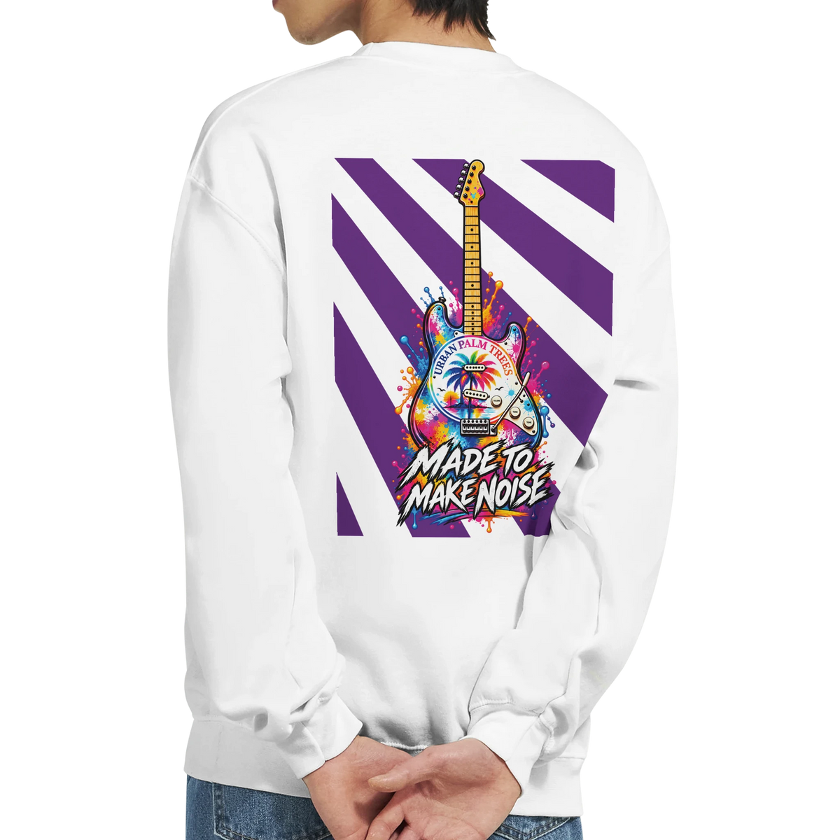 White men's sweatshirt back featuring colorful retro electric guitar graphic with purple stripes and "Made to Make Noise" text.