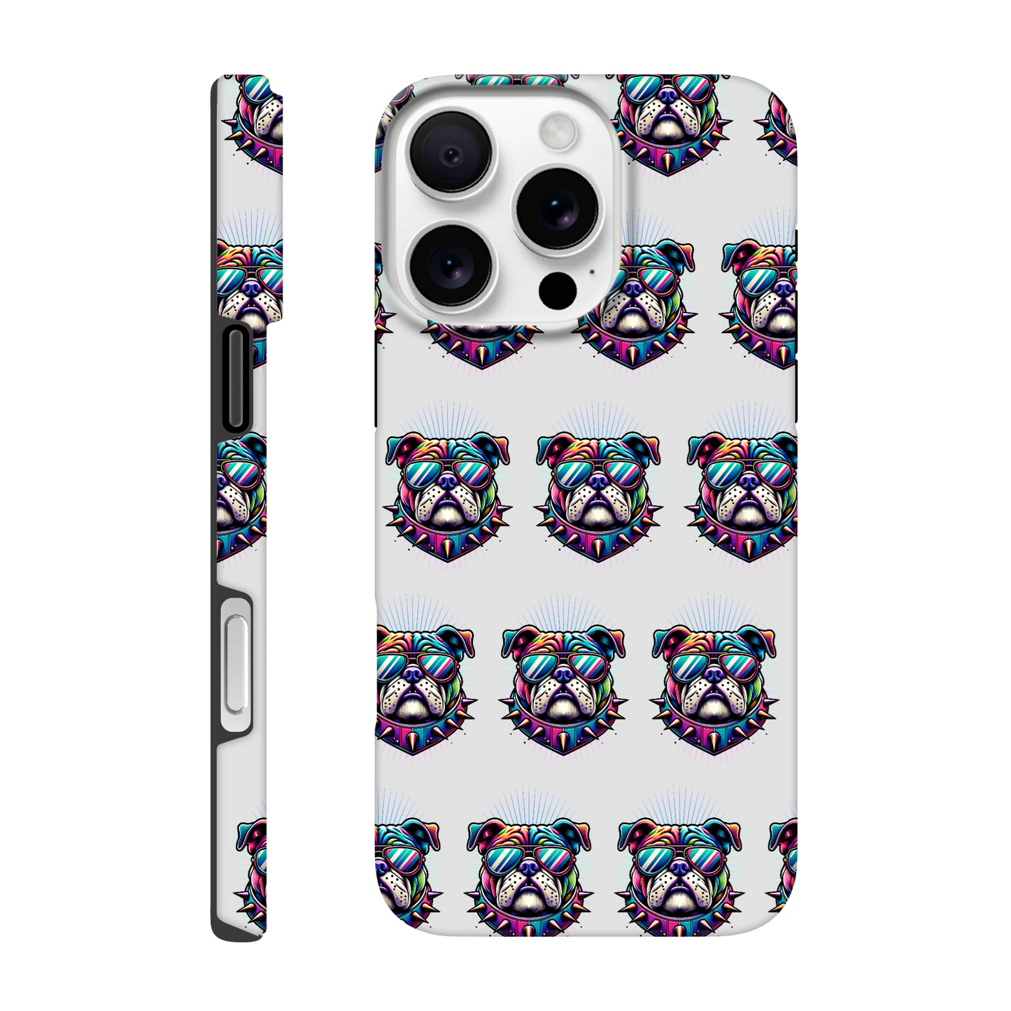 Bulldog-themed tough dual-layer iPhone case with wraparound rainbow print for iPhone 16–13.