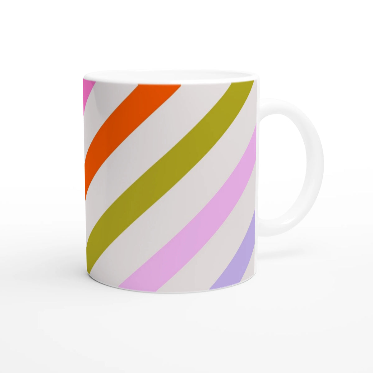 Pastel diagonal stripe ceramic mug with rainbow bands, a cute rainbow coffee cup for daily use.