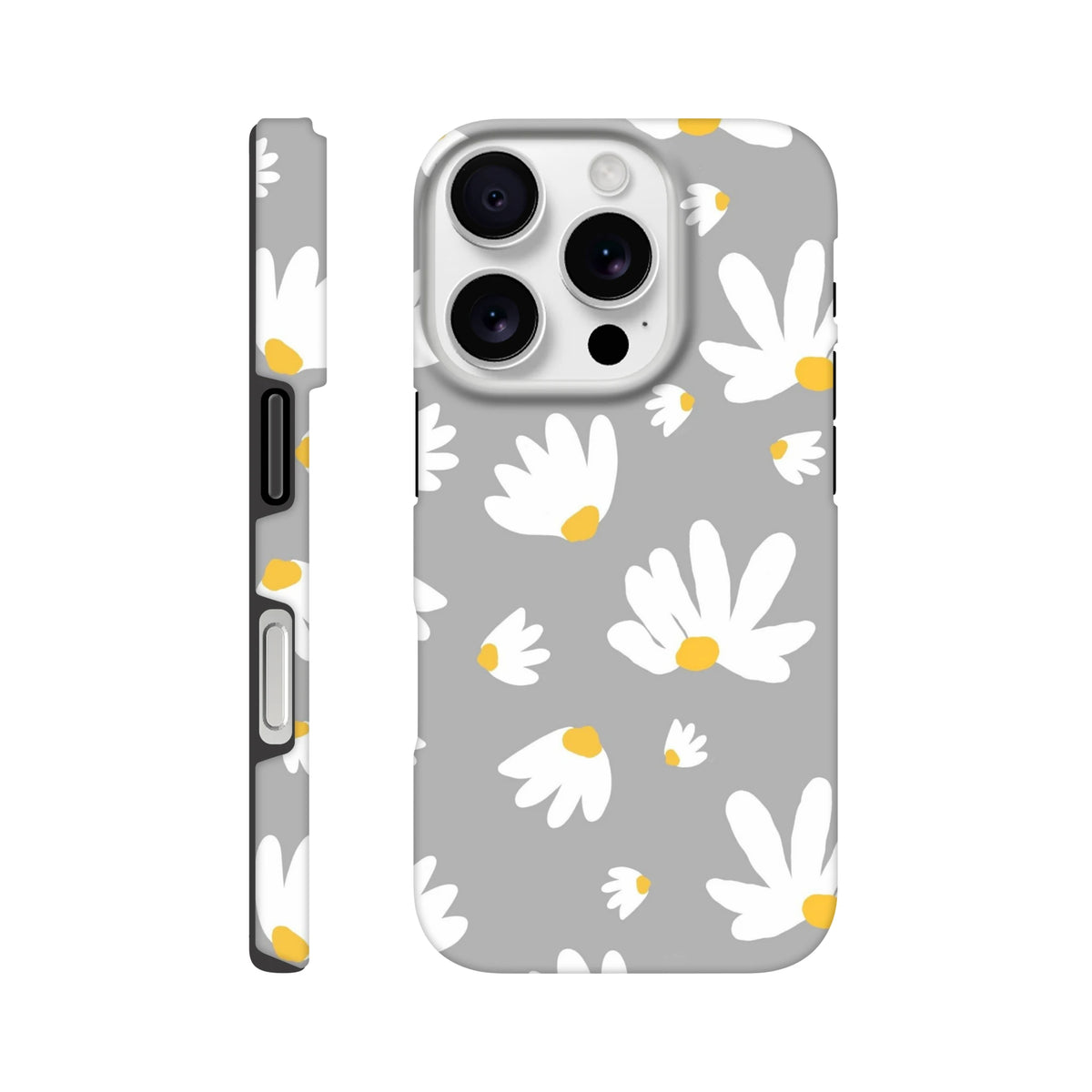 Grey tough iPhone case featuring a white daisy floral pattern with yellow centers on a utilitarian grey background.