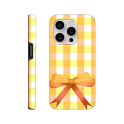 Yellow gingham iPhone case with a cute orange bow, featuring a vintage checkered pattern for a coquette street style look.