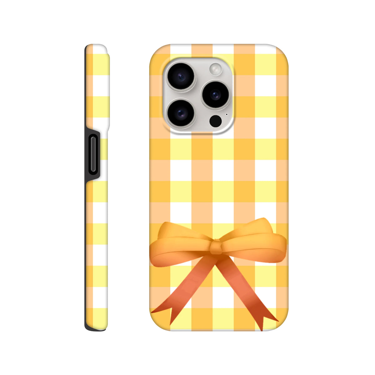 Yellow gingham iPhone case with a cute orange bow, featuring a vintage checkered pattern for a coquette street style look.