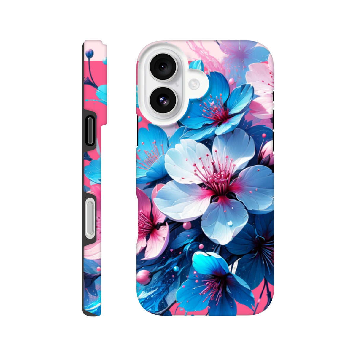 Vibrant blue and pink floral iPhone case featuring bold blossoms. Durable flower phone cover designed for urban style and protection.
