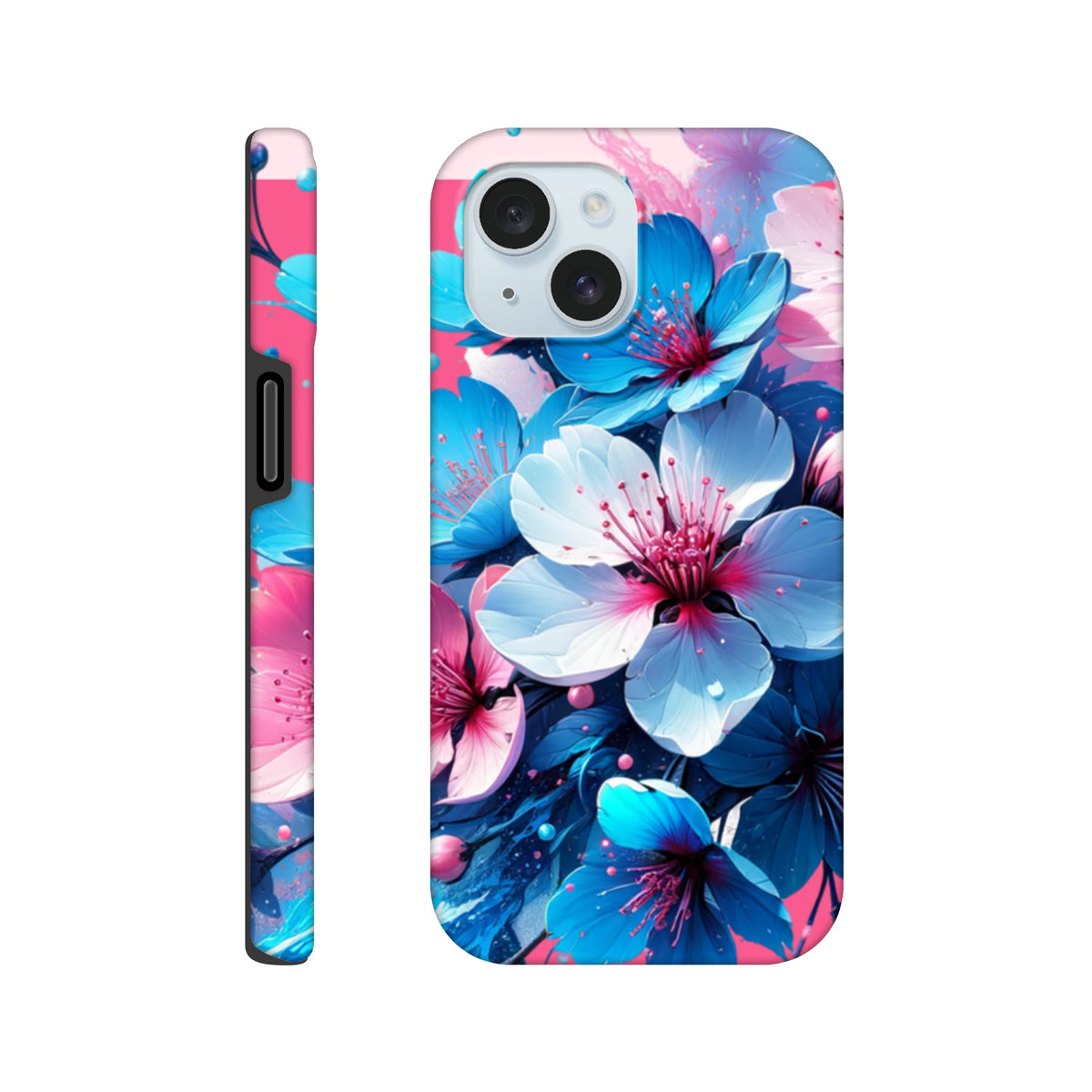 Vibrant blue and pink floral iPhone case designed for durability and bold streetwear style.