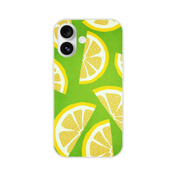 Lemon-slice patterned iPhone case on a bright green background for 13–16 models with a slim matte finish