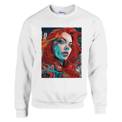 White sweatshirt featuring a bold urban pop art portrait of a redhead woman on the front.