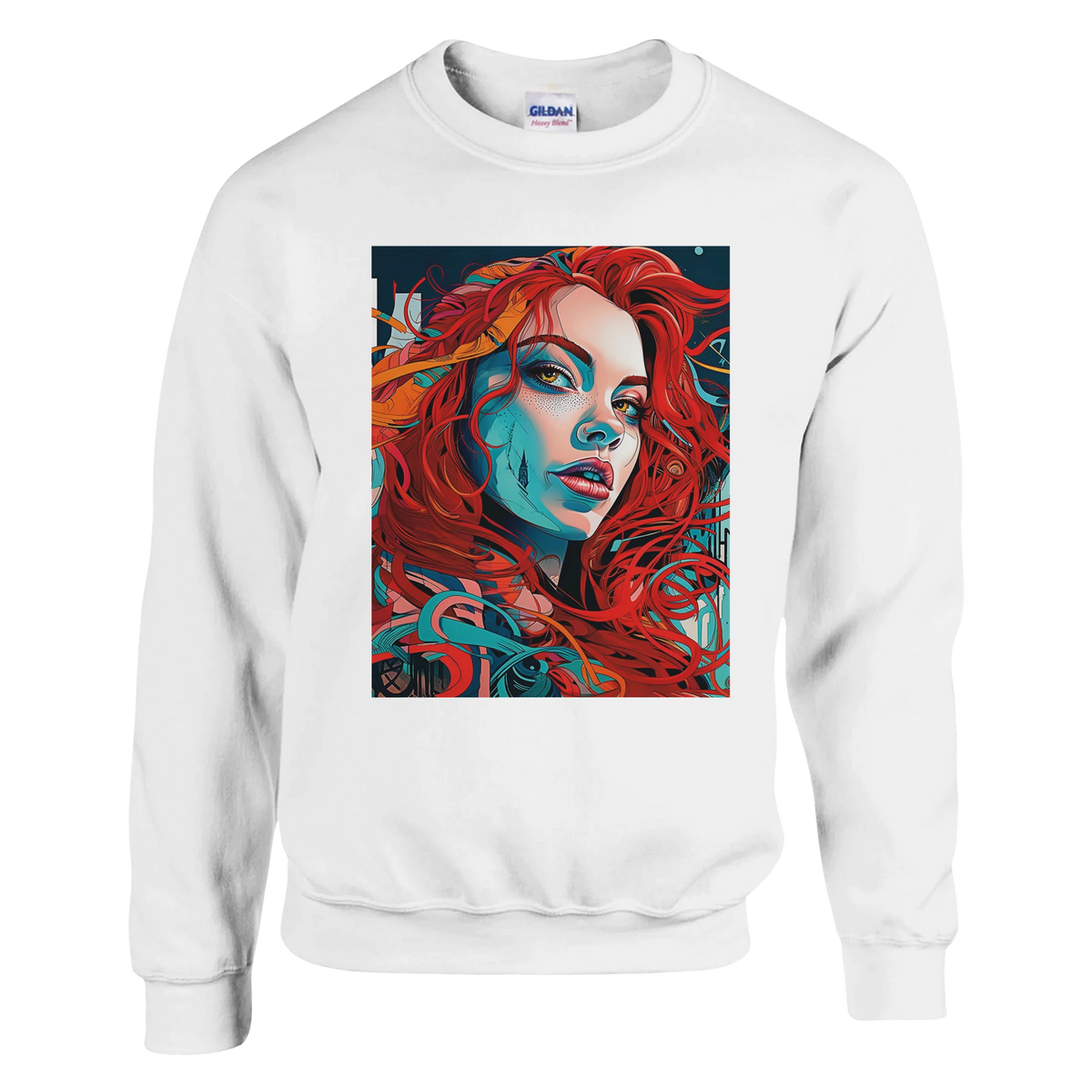 White sweatshirt featuring a bold urban pop art portrait of a redhead woman on the front.