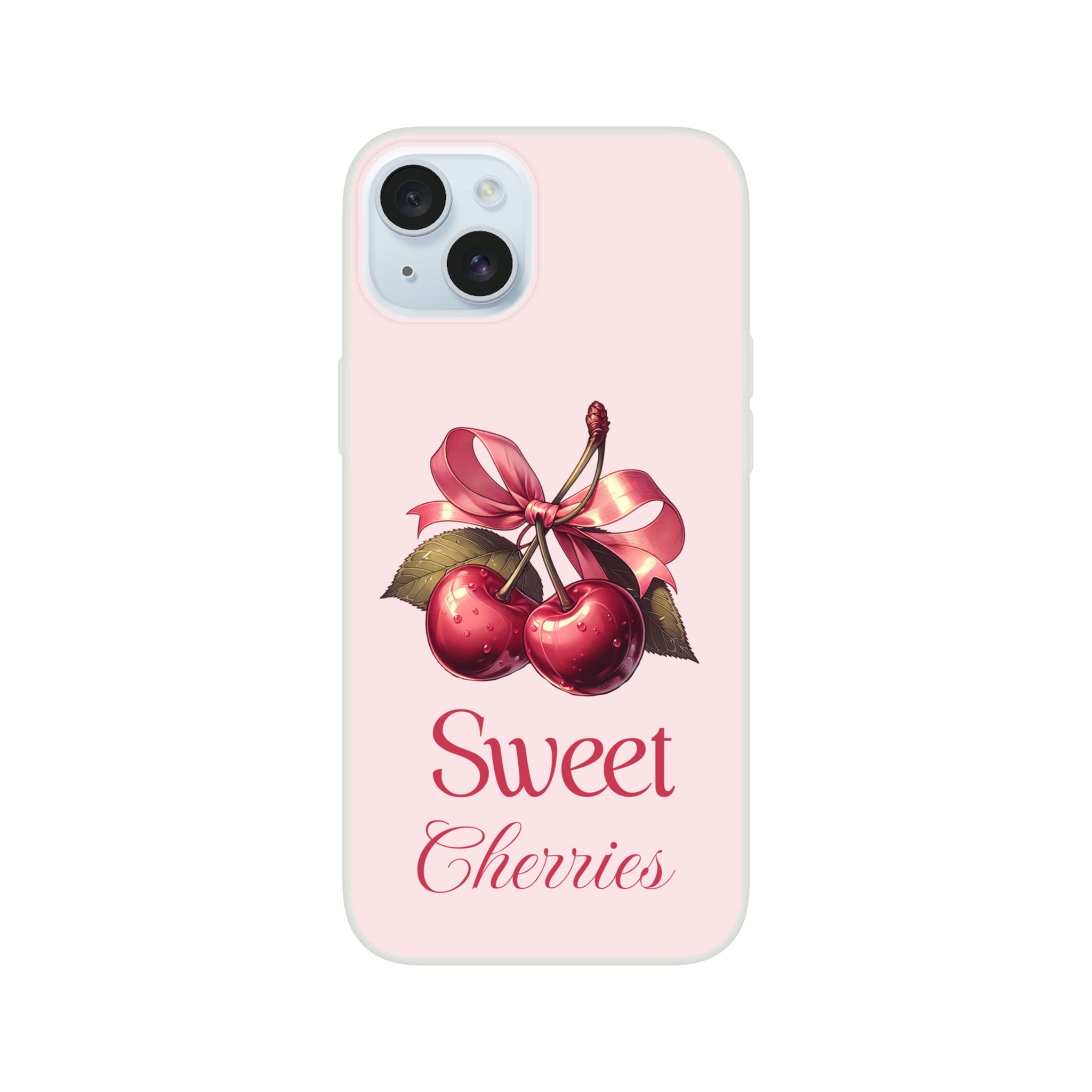Cherries iPhone case with pink background, cherry illustration, red ribbon bow, and Sweet Cherries text.