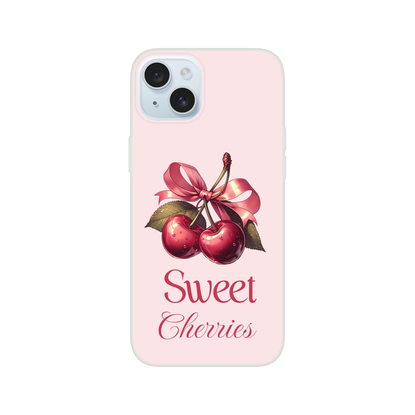 iPhone case with cherries and 'Sweet Cherries' text on a pink background 16
