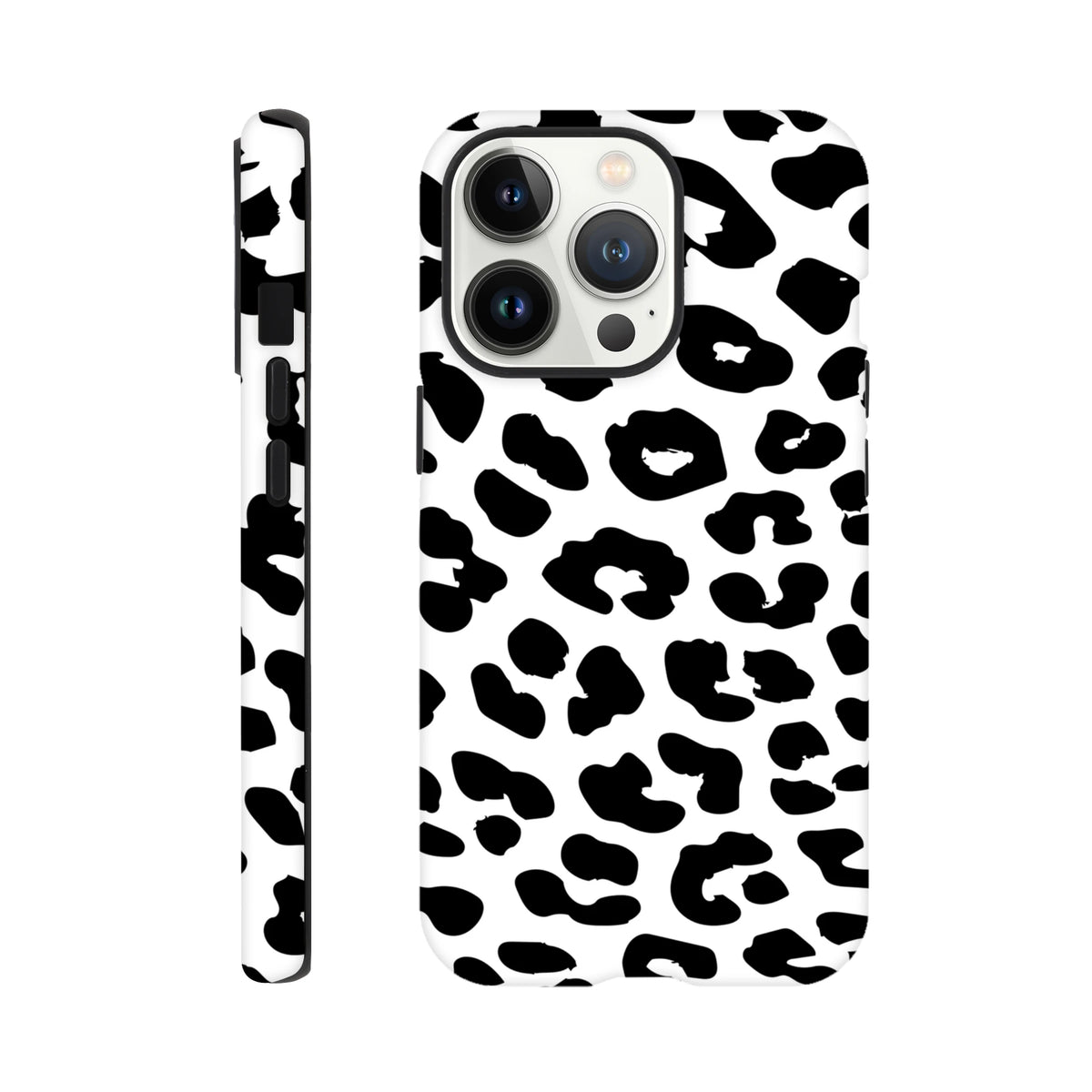 White iPhone case featuring black snow leopard print animal pattern. Durable shock-absorbing cover with wrap-around design for phones 13-16.