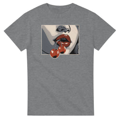 Pop Art Lips women's graphic tee with cherries in mouth on heather gray cotton blend.