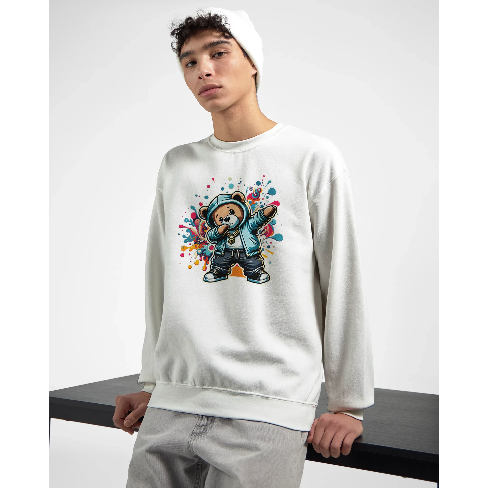 White Dab Teddy Bear men's graphic sweatshirt with a colorful teddy bear illustration on the front; cotton-poly blend.