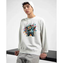 White Dab Teddy Bear men's graphic sweatshirt with a colorful teddy bear illustration on the front; cotton-poly blend.