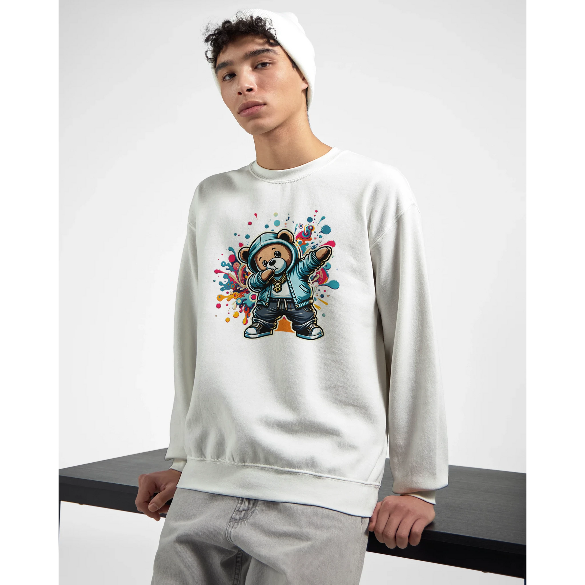 Person wearing a white men's graphic sweatshirt with a colorful graphic design on a white background