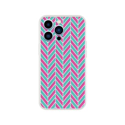 Pink and turquoise herringbone iPhone case with geometric chevron pattern, matte finish, and impact-shielding TPU for models 13-16.