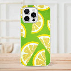 Lemon slice citrus iPhone case for 13-16, slim matte TPU cover with green and yellow pattern.