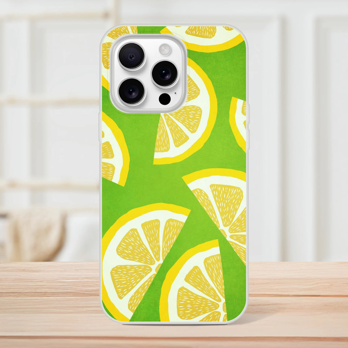 Lemon slice citrus iPhone case for 13-16, slim matte TPU cover with green and yellow pattern.