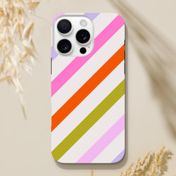 Retro iPhone case with pink, orange, and green diagonal stripes offering tough drop protection and shock-absorbing TPU for daily carry.