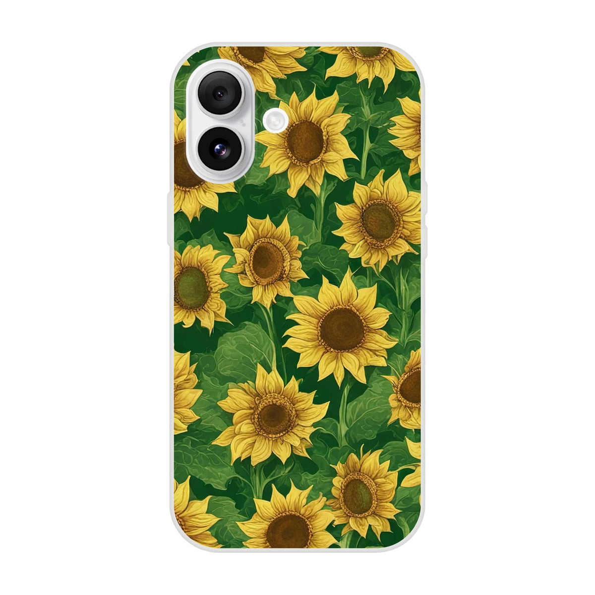 Sunflower iPhone Case (13-16) Cute Floral Botanical Phone Cover with bright yellow blooms on green foliage