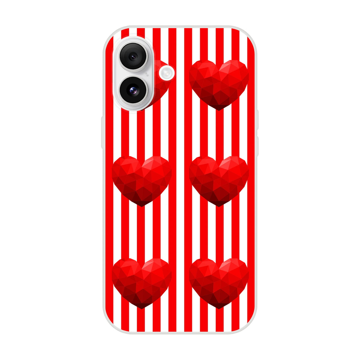 Red Stripe Heart iPhone case for iPhone 13-16 with vertical red stripes and geometric hearts, cute romantic aesthetic.