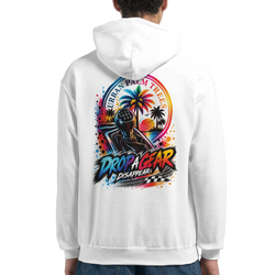 White men's hoodie back featuring colorful "Drop A Gear" gear shift graphic with palm trees and sunset. Petrolhead streetwear sweatshirt.
