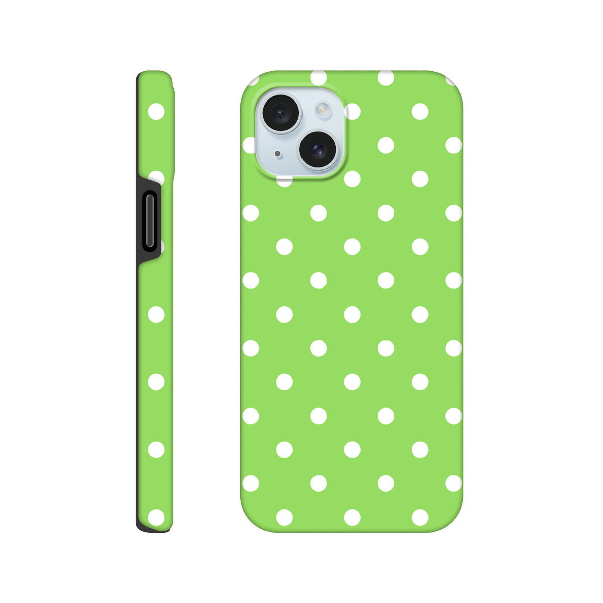 Green and white polka dot tough iPhone case featuring a dual-layer shock-absorbing design with protective edge corners for daily drop protection.