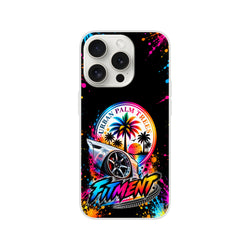 Fitment Stance car culture iPhone case featuring lowered vehicle, urban palm trees graphic, and colorful paint splatter design on black background.