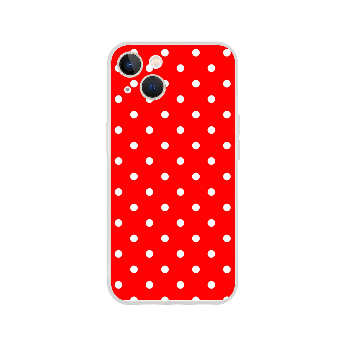 Retro red iPhone case with white polka dots. Slim TPU shell offering shock-absorbing everyday protection for iPhone 13-16.