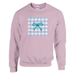 Lavender crewneck sweatshirt featuring a light blue gingham square and 3D teal bow graphic for a coquette aesthetic look.
