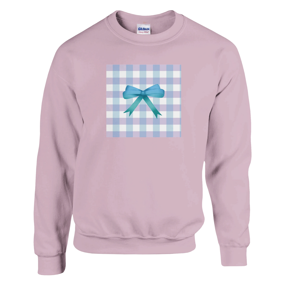 Lavender crewneck sweatshirt featuring a light blue gingham square and 3D teal bow graphic for a coquette aesthetic look.