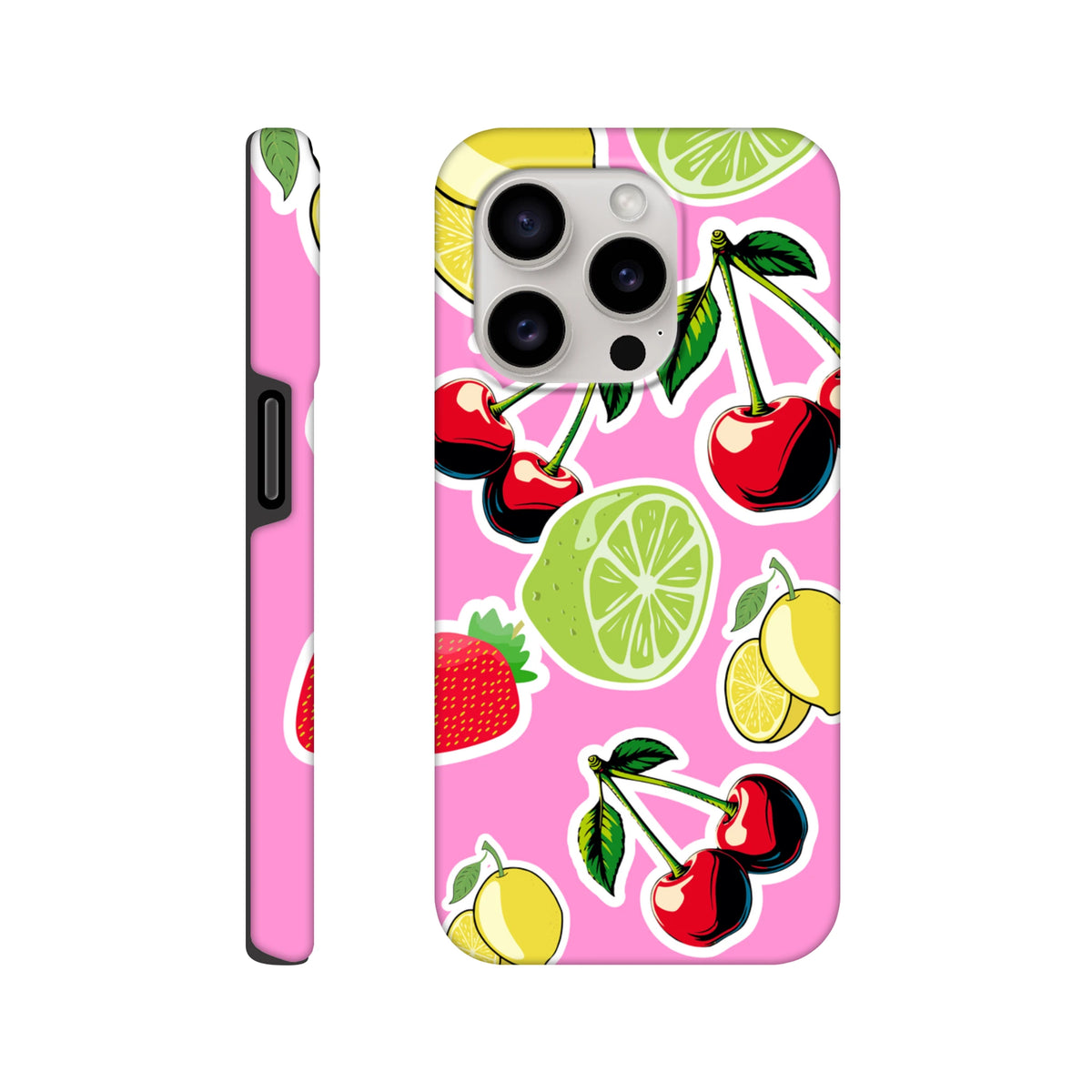 Pink iPhone case featuring bold cherry, lime, and lemon sticker effect design. Shock-absorbing tough cover for streetwear style.