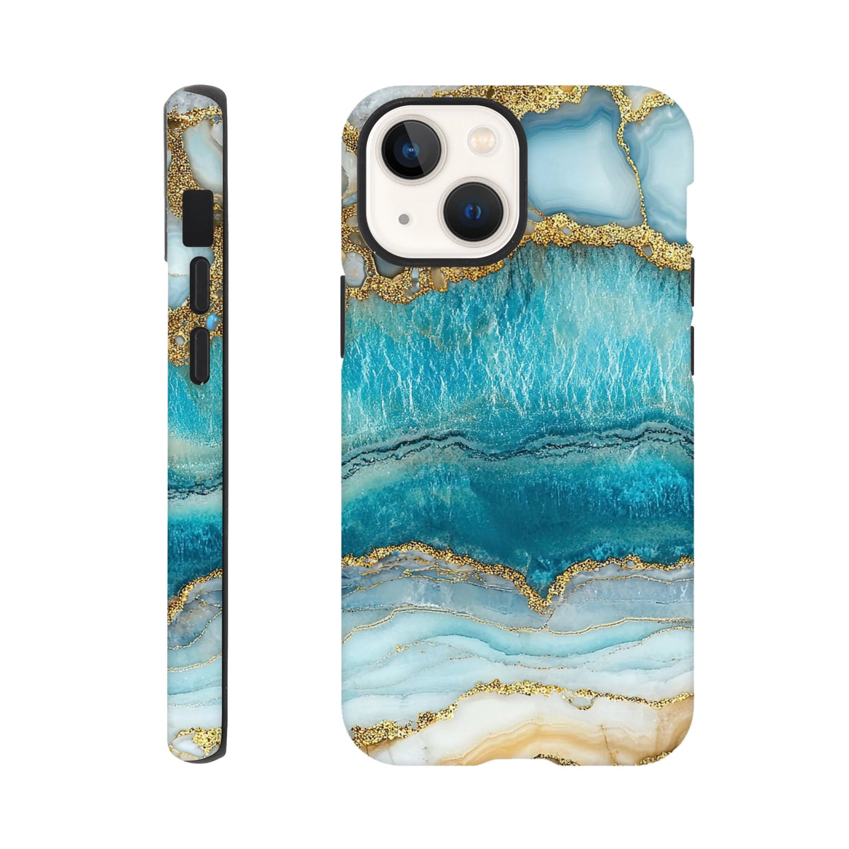 Blue agate tough iPhone case featuring teal and gold marble design with protective edge for models 13-16.