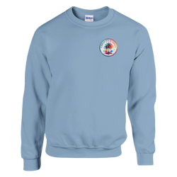 Light blue crewneck sweatshirt with circular colorful Urban Palm Trees graphic on chest. Tropical retro long sleeve top for casual wear.