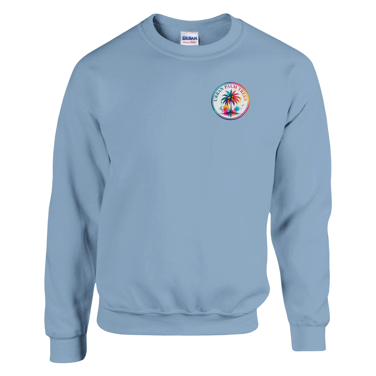 Light blue crewneck sweatshirt with circular colorful Urban Palm Trees graphic on chest. Tropical retro long sleeve top for casual wear.
