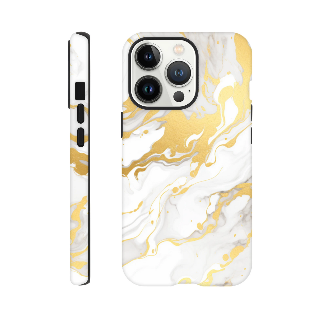 Luxury white and gold marble iPhone case featuring an abstract fluid pattern with seamless wraparound design for modern style.