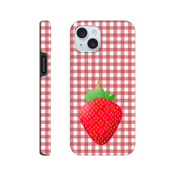 Red gingham iPhone case featuring a large cartoon strawberry. Cute checkered phone cover with drop protection for iPhone 13-16.