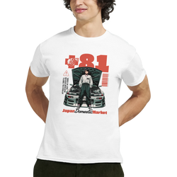 Retro JDM graphic tee featuring illustrated woman leaning on modified car with #81 and Japan Domestic Market text for vintage streetwear style.