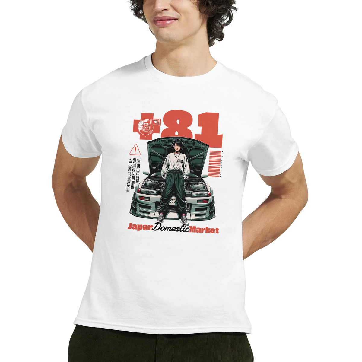 Retro JDM graphic tee featuring illustrated woman leaning on modified car with #81 and Japan Domestic Market text for vintage streetwear style.