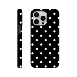Black and white polka dot tough iPhone case featuring a durable dual-layer frame and shock-absorbing TPU core for impact resistance.