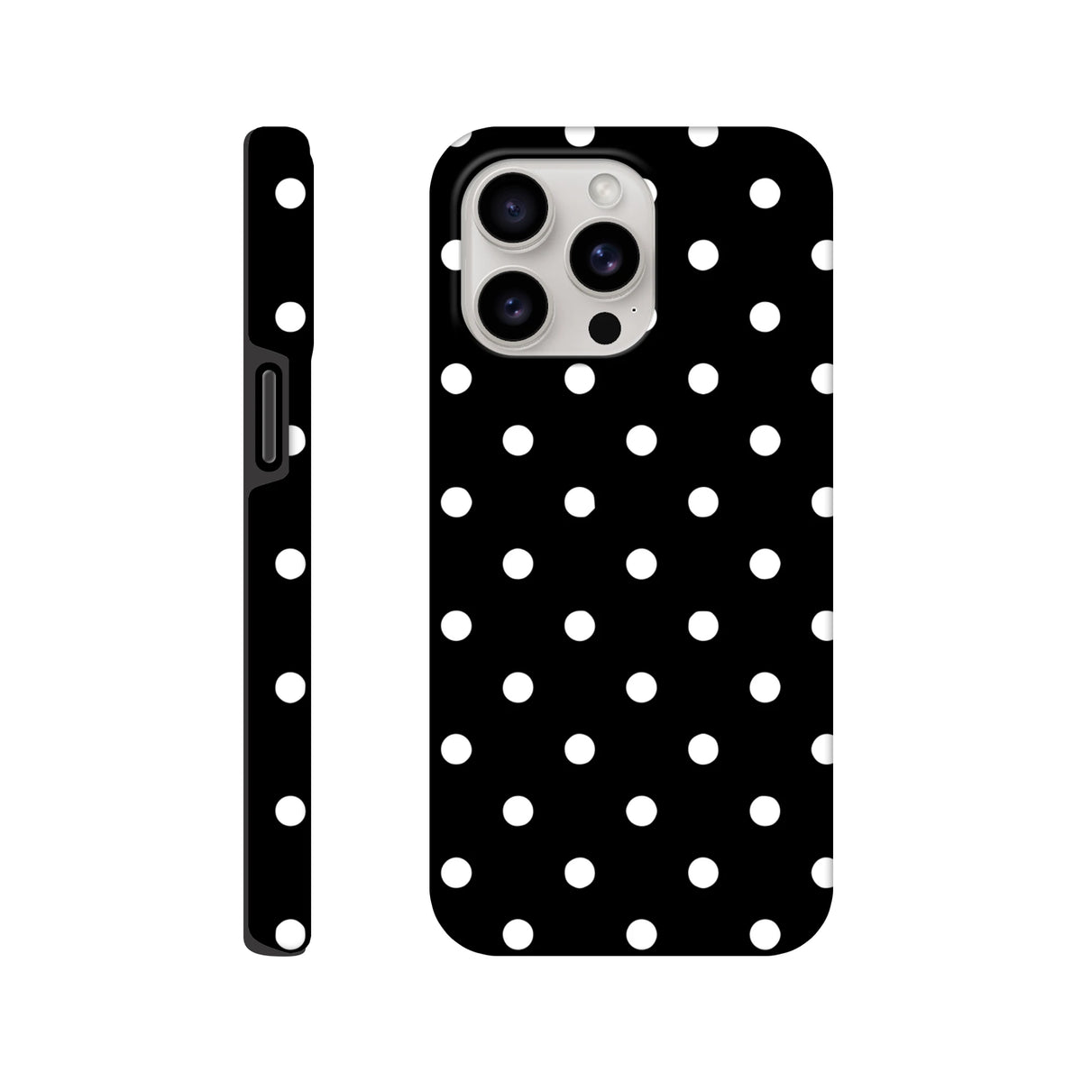 Black and white polka dot tough iPhone case featuring a durable dual-layer frame and shock-absorbing TPU core for impact resistance.