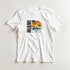 Miami women's graphic T-shirt in white with tropical sunset palm trees; soft cotton blend, sizes S–XL.