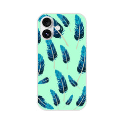 Mint green iPhone Case (13-16) with blue feather motif, matte finish, lightweight shell.