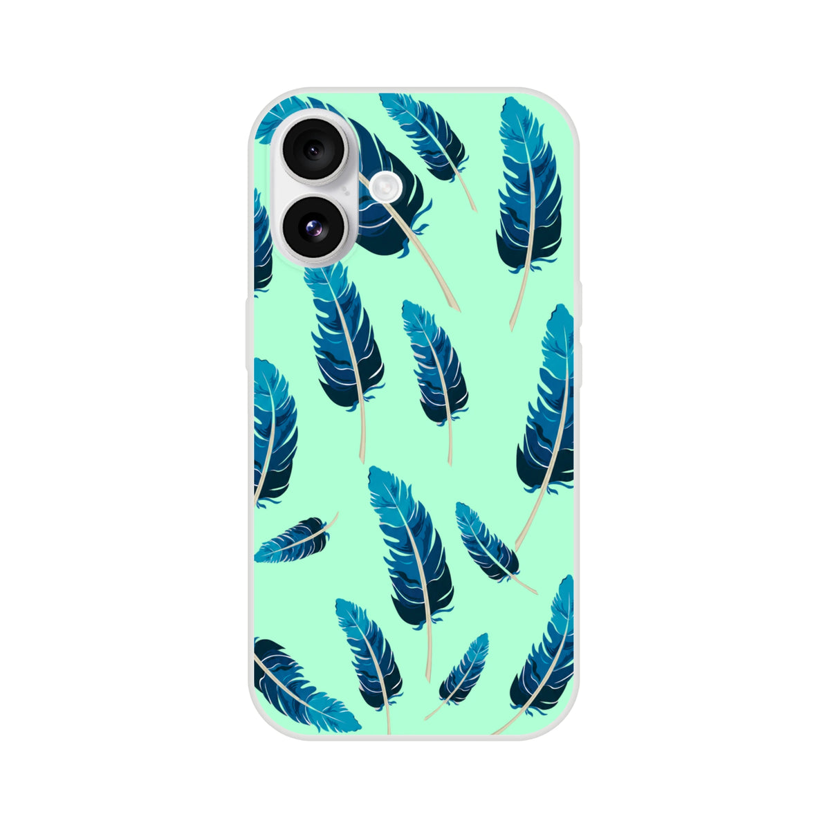 Mint green iPhone Case (13-16) with blue feather motif, matte finish, lightweight shell.