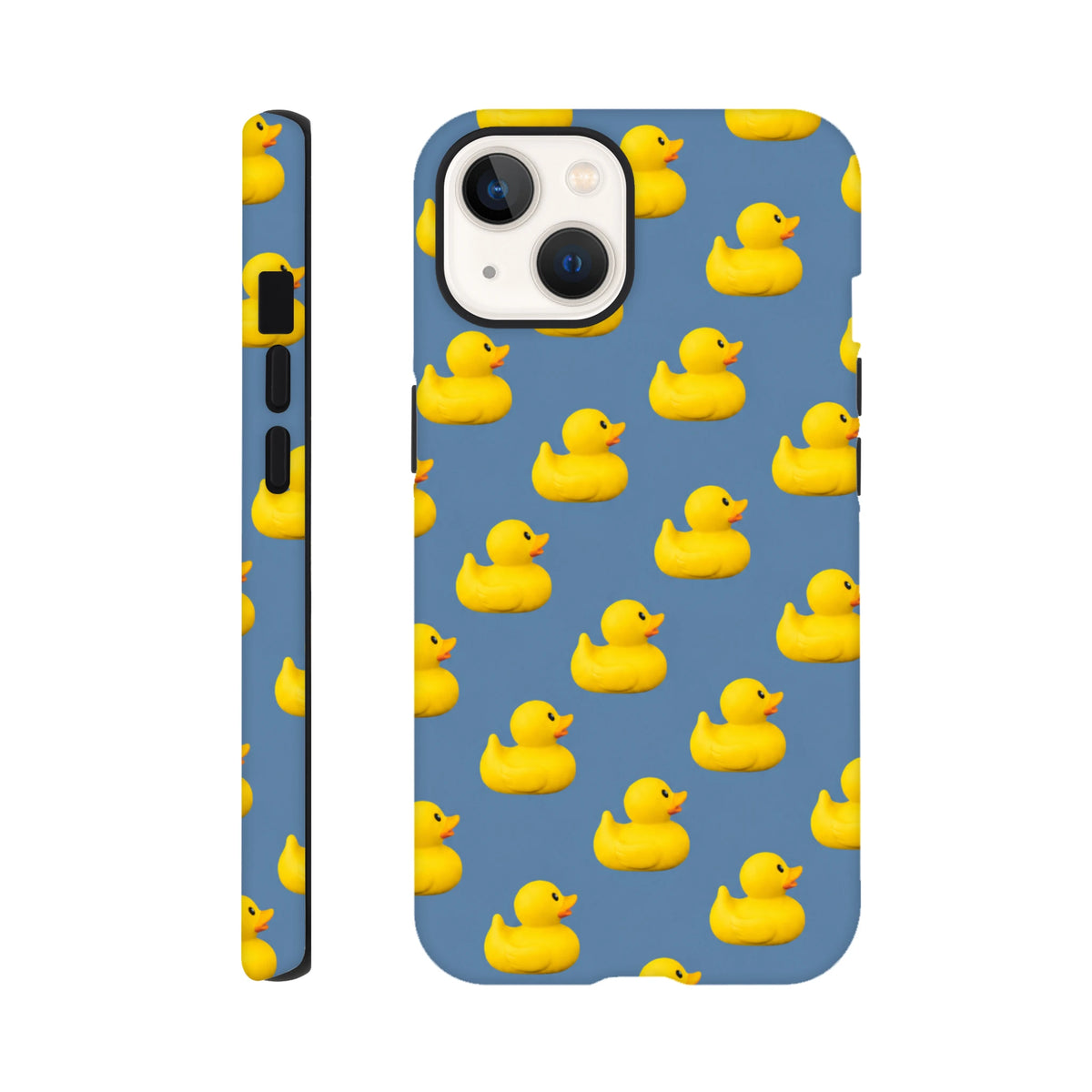 Blue kawaii iPhone case featuring a playful repeating pattern of yellow rubber ducks for bold streetwear style.