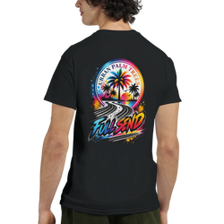Black men's t-shirt back view with colorful Full Send graphic featuring palm trees, sunset, and tire track road.