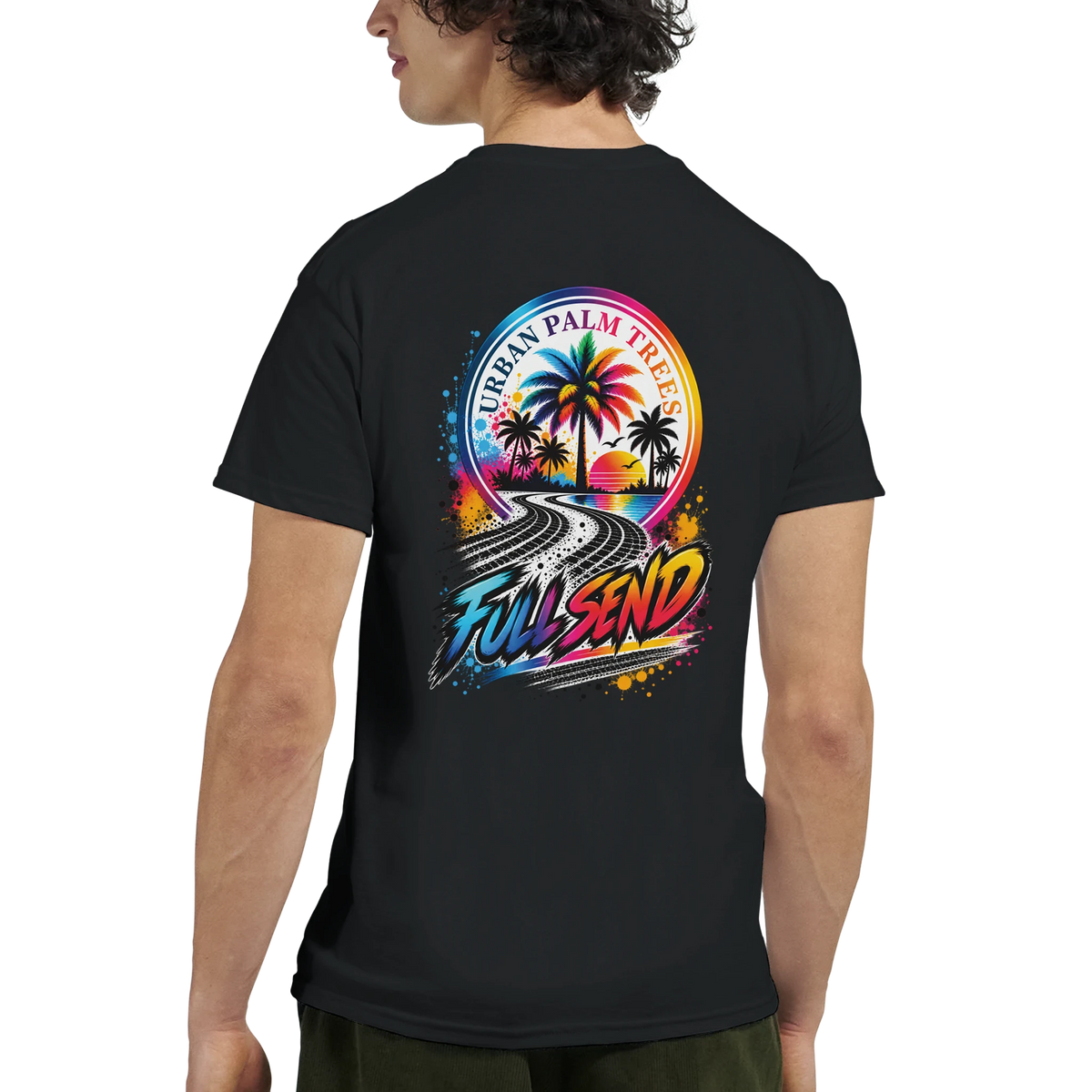 Black men's t-shirt back view with colorful Full Send graphic featuring palm trees, sunset, and tire track road.