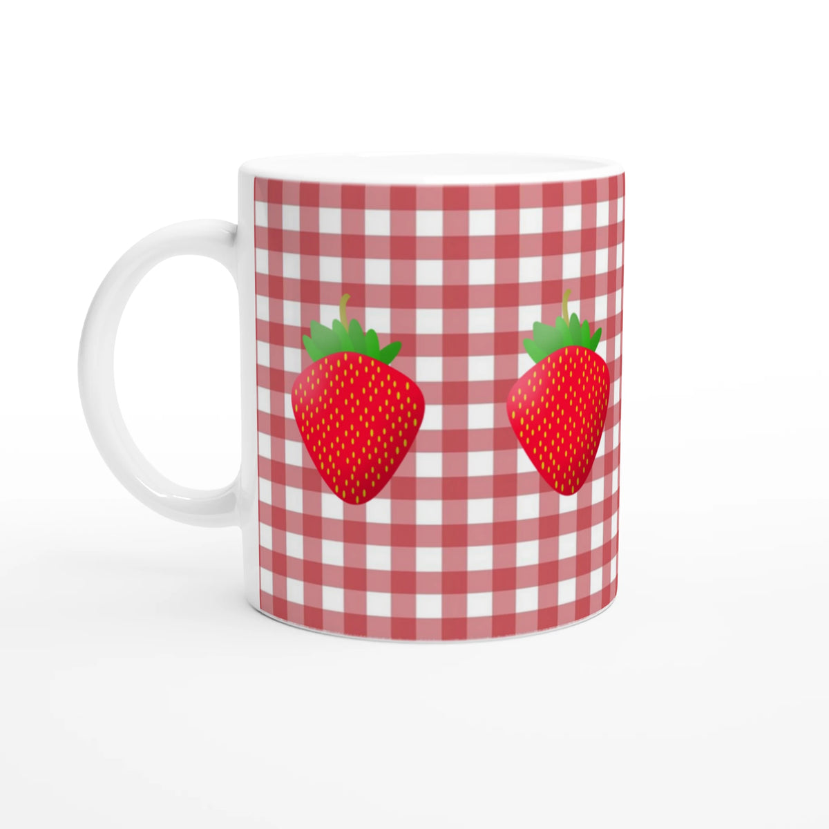 Strawberry gingham ceramic mug with red-and-white check pattern, cottagecore coffee cup.
