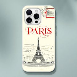 Vintage postcard iPhone case (13-16) Paris design with Eiffel Tower illustration and bold red PARIS text.