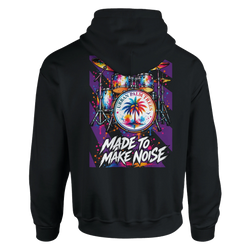 Black men's hoodie featuring a colorful retro drum kit back print with a palm tree on the bass drum and "Made To Make Noise" text.